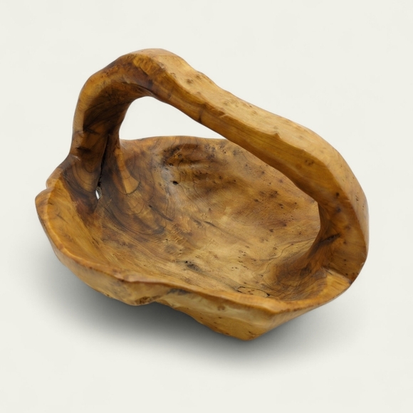 Wooden Bowl Solid Handmade Burl Wood Root Basket MCM Signed CON - Picture 1 of 11
